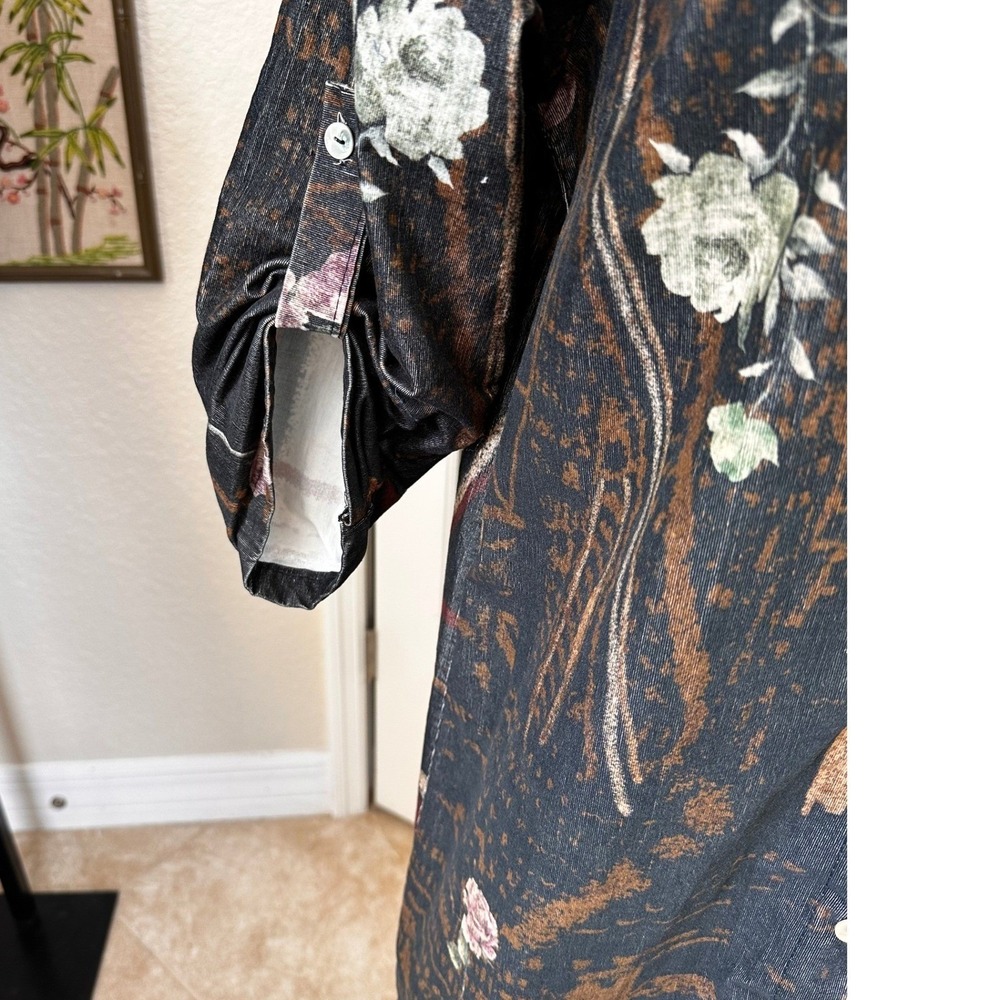 Made In Italy Cordoroy Shirt Dress Floral Print Button Down Roll Tab Sleeve ?Med - Picture 4 of 10